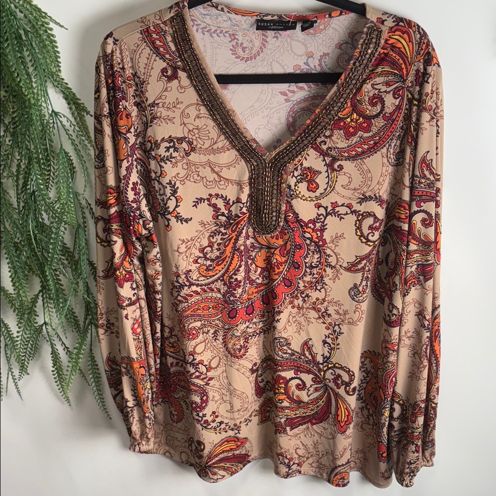 Susan Graver V-Neck Blouse with Red and Tan Paisley